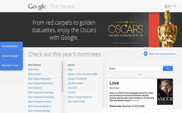Το επίσημο site της Google για τα Όσκαρ