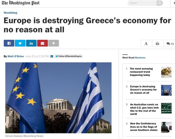 Washington Post: Η Ευρώπη καταστρέφει την οικονομία της Ελλάδας χωρίς λόγο