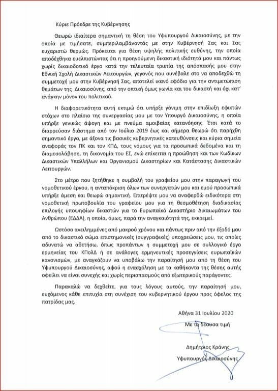 Παραιτήθηκε ο υφυπουργός Δικαιοσύνης Δημήτρης Κράνης