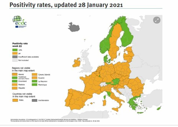 Χάρτης ECDC: «Πορτοκαλί» η Ελλάδα μαζί με Νορβηγία και Φινλανδία