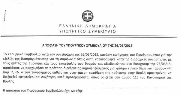 Αναρτήθηκε η χθεσινοβραδινή απόφαση του υπουργικού συμβουλίου για το δημοψήφισμα