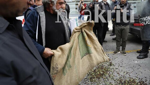 Αγρότες κατά Βορίδη στην Κρήτη: Πέταξαν ελιές έξω από το Επιμελητήριο - Ένταση και χημικά