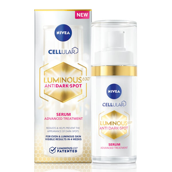 NIVEA CELLULAR LUMINOUS630® : Η δύναμη του πατενταρισμένου συστατικού LUMINOUS630® φέρνει την επανάσταση στην μάχη κατά των κηλίδων και στην νίκη της λαμπερής και ομοιόμορφης επιδερμίδας!