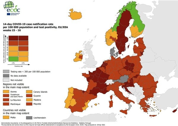 Χάρτης ECDC: Στο «πράσινο» ο δείκτης θετικότητας στην Ελλάδα για δεύτερη συνεχόμενη εβδομάδα 