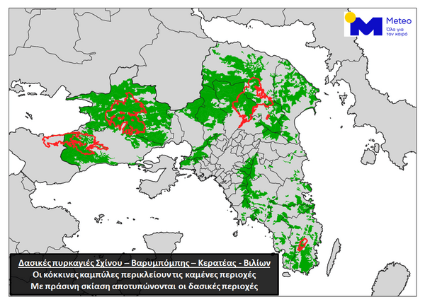 Meteo: Οι πρόσφατες πυρκαγιές έκαψαν το 16% των δασών της Αττικής (Χάρτης)