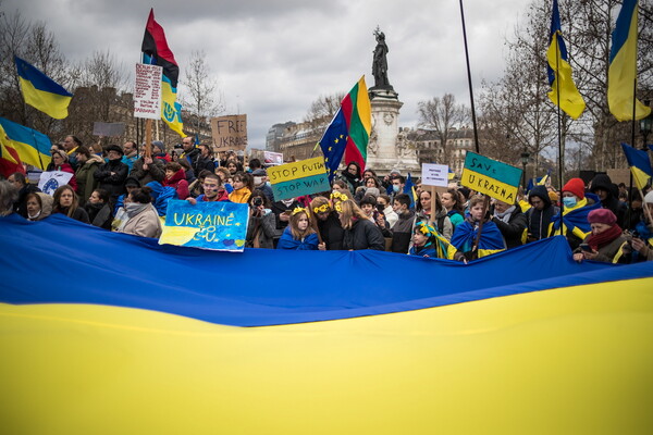 All around Europe today, demonstrators protested the Russian invasion