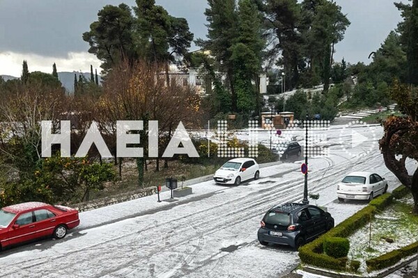 Σφοδρή κακοκαιρία στην Αρχαία Ολυμπία: Σαν να χιόνισε, το «έστρωσε» χαλάζι 