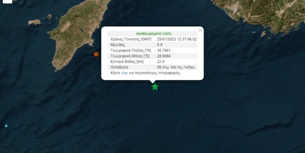 Ισχυρός σεισμός ανοιχτά της Ρόδου- 5,9 Ρίχτερ