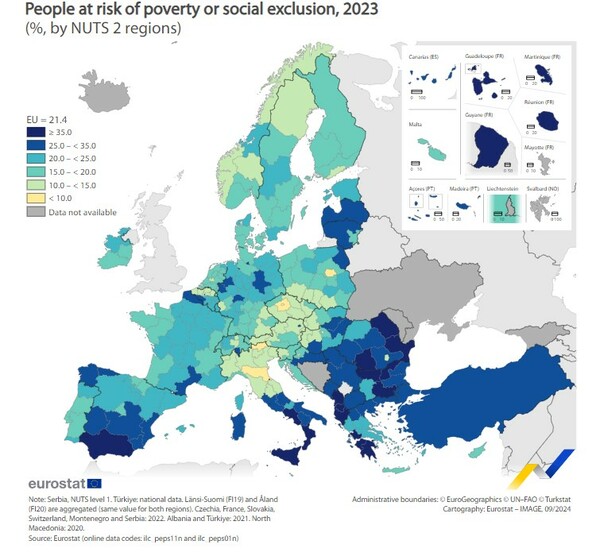 Eurostat: Σε 5 ελληνικές περιφέρειες, 1 στους 3 βρίσκεται σε κίνδυνο φτώχειας