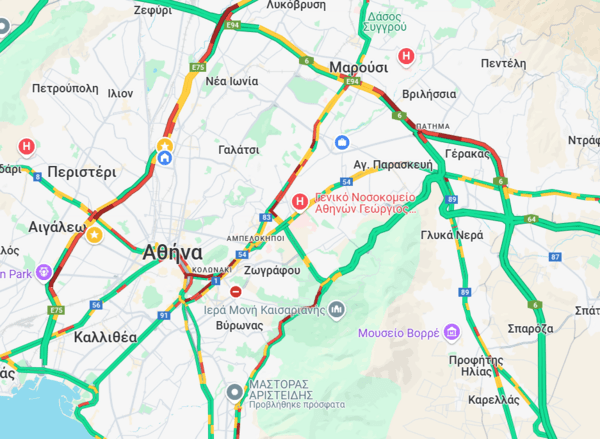 Κίνηση τώρα: Στο «κόκκινο» οι δρόμοι εξαιτίας της κακοκαιρίας Αλέξανδρος
