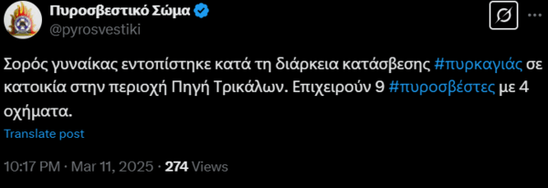 Φωτιά στα Τρίκαλα: Νεκρή μια γυναίκα