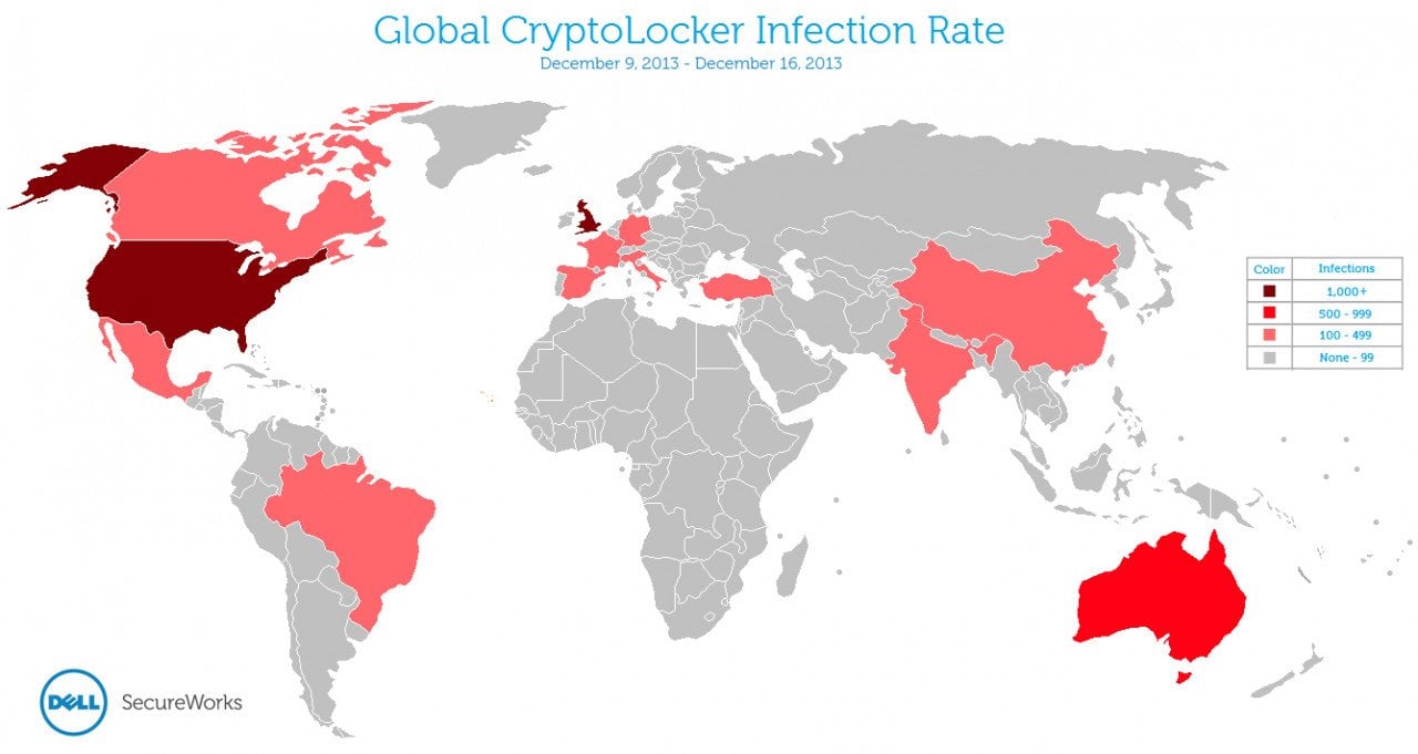 Χώρες που έχουν προσβληθεί από το Cryptolocker 9-16 Δεκεμβρίου 2013